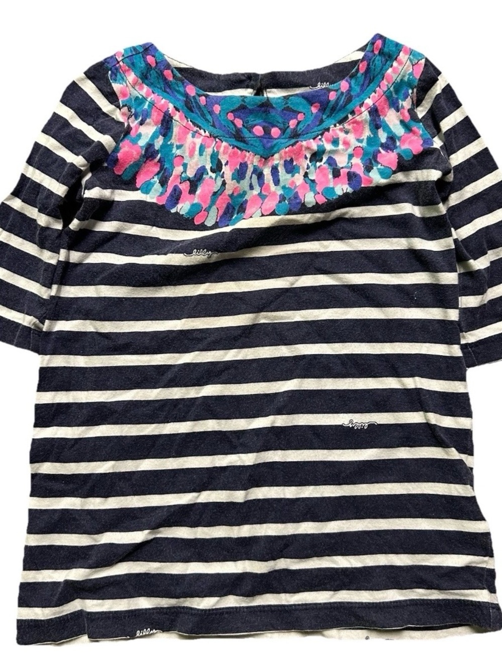 Toddler Girl Lily Pulitzer White Navy Striped T Shirt Neck Detail Size XS (2-3Y)
